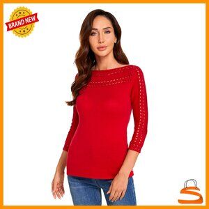 Boatneck Eyelet Trim 3/4 Sleeve Knit Top Sweater Slim Fit Pullover
